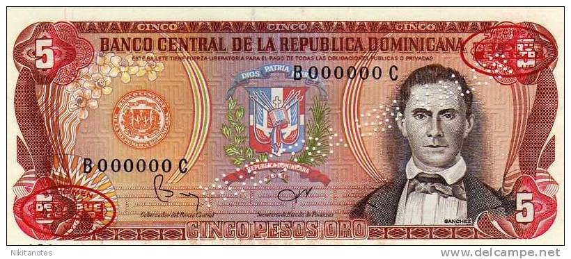 DOMINICAN NOTE 5 PESOS ORO 1984 Unc Specimen - República Dominicana