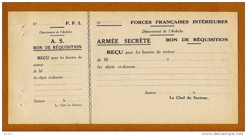 * RARE* F.F.I. "Bon De Réquisition" De L´Armée Secrète Ardèche  NEUF  Coupon Avec Souche - Documents Historiques