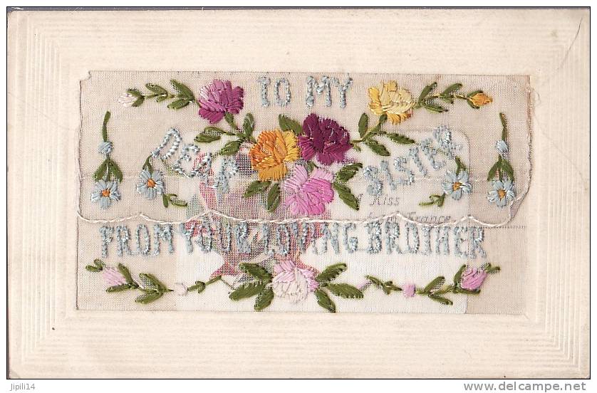 CARTE BRODEE AVEC MESSAGE INTERIEUR "TO MY DEARD SISTER"-  EMBROIDERED CARD WITH MESSAGE INSIDE (2 Scans) - Ricamate