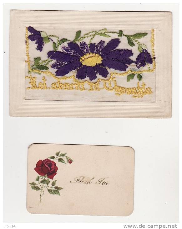 CARTE BRODEE AVEC MESSAGE INTERIEUR "NOT ABSENT IN THOUGHTS"-  EMBROIDERED CARD WITH MESSAGE INSIDE (2 Scans) - Embroidered