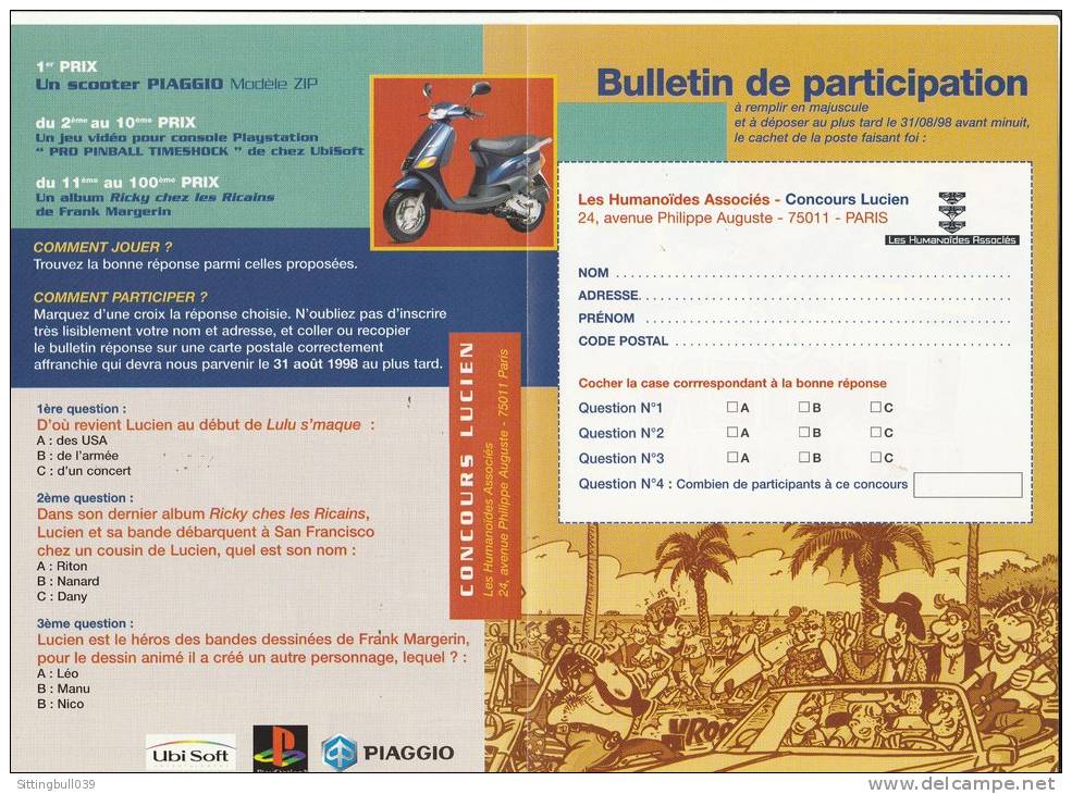 MARGERIN. Lucien. Grand Jeu-Concours. Gagnez Un Scooter PIAGGIO, Modèle ZIP. Dépliant PUB Illustré. 1998. - Objets Publicitaires