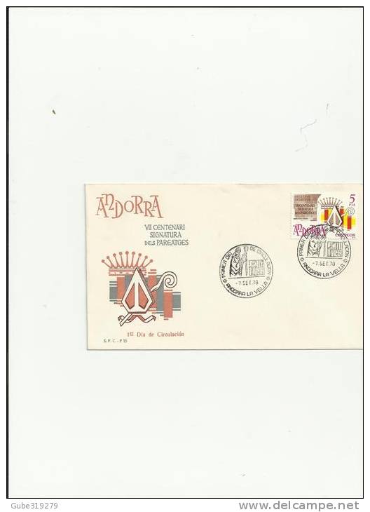 700 YEARS OF JOINT GOVERNMENT   1978- ANDORRA  SPANISH OFFICE W ITH 1 STAMP OF 5    PESETAS . POSTMARKED SEPT  7, 1978 - Lettres & Documents