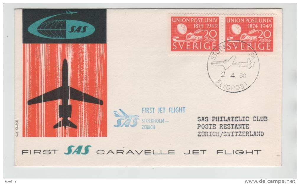 Sweden First SAS Caravelle Jet Flight Stockholm - Zurich 2-4-1960 - Storia Postale