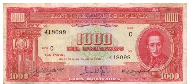 BOLIVIA 1000 BOLIVIANOS L. 1945  P. 144 XF + - Bolivie