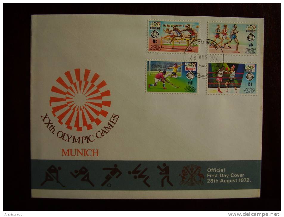 KUT 1972 MUNICH OLYMPICS Issue FULL SET FOUR STAMPS To 2/50 On FDC. - Kenya, Uganda & Tanzania