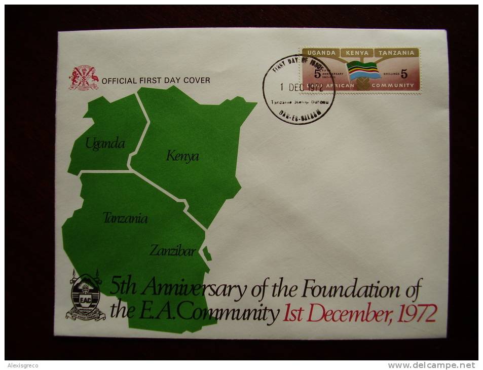 KUT 1972 5th.Anniv Of EAST AFRICAN COMMUNITY  5/- STAMP On FDC. - Kenya, Uganda & Tanzania