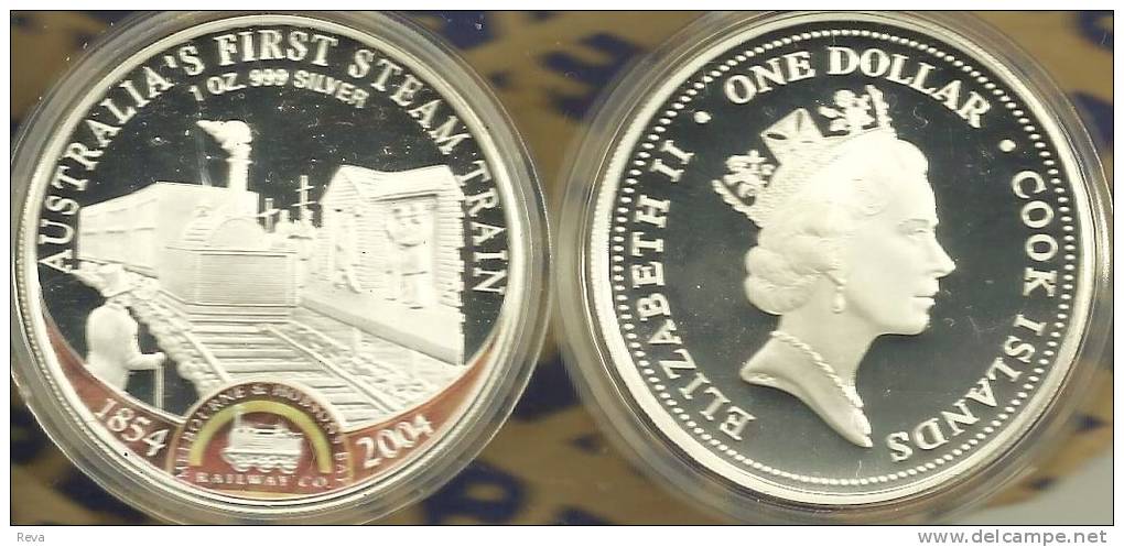 COOK ISLANDS $1 TRAIN AUSTRALIA 150 YEARS FRONT QEII HEAD BACK 2004 PROOF 1Oz .999 SILVER READ DESCRIPTION CAREFULLY !!! - Cook Islands