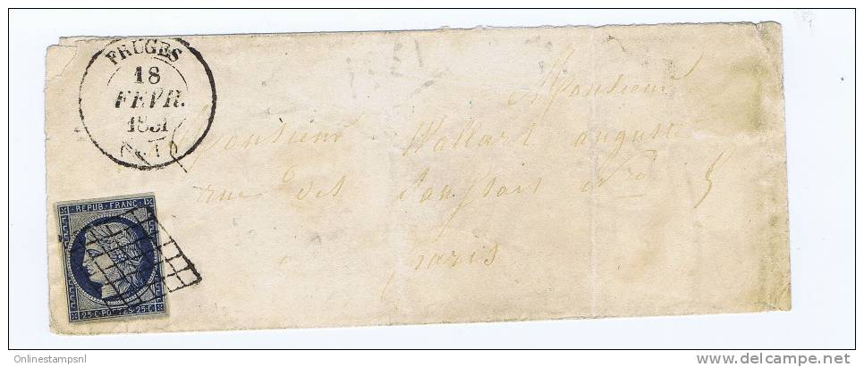 France, Lettre 1851 De Fruges A Paris, Nr 4, Grille  Et Cachet A Date - 1849-1850 Ceres