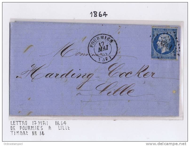 France Lettre 1864,  Nr 14 De Fourmies A Lille , Losange PC 1323, Petit Cachet A Date - 1853-1860 Napoleon III