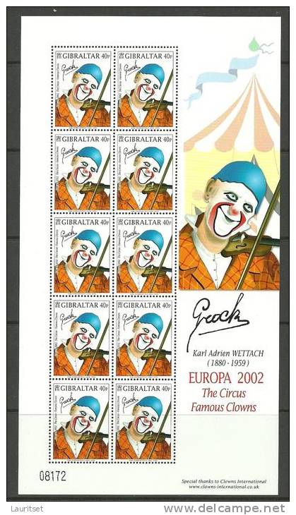 GIBRALTAR 2002 Europa CEPT Circus Tsirkus Famous Clowns K. E. WETTACH MNH - 2002