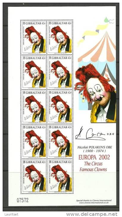 GIBRALTAR 2002 Europa CEPT Circus Tsirkus Famous Clowns N. POLAKOVS OBE MNH - 2002