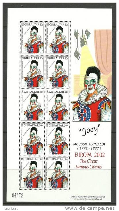 GIBRALTAR 2002 Europa CEPT Circus Tsirkus Famous Clowns GRIMALDI MNH - 2002