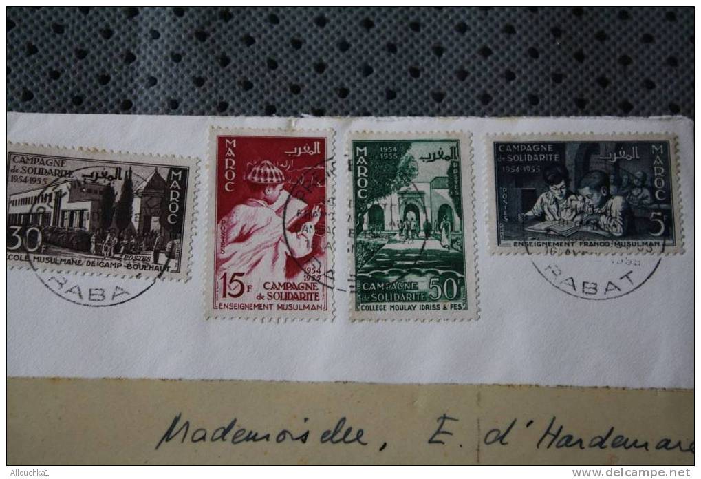 1955 RABAT MAROC  EX PROTECTORAT FRANCAIS OMEC PREMIER JOUR SUR LETTRE TIMBRES CAMPAGNE & SOLIDARITE P/ MEKNES ECOLES EN - Brieven En Documenten