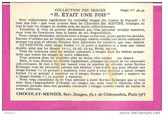 IMAGE CHOCOLAT MENIER N°48-49   -   DE LA COLLECTION ** IL ETAIT UNE FOIS **  - - Menier