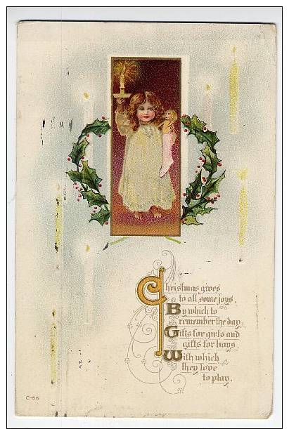 Victorian Christmas Postcard, Girl Child With Doll And Candle - Altri & Non Classificati