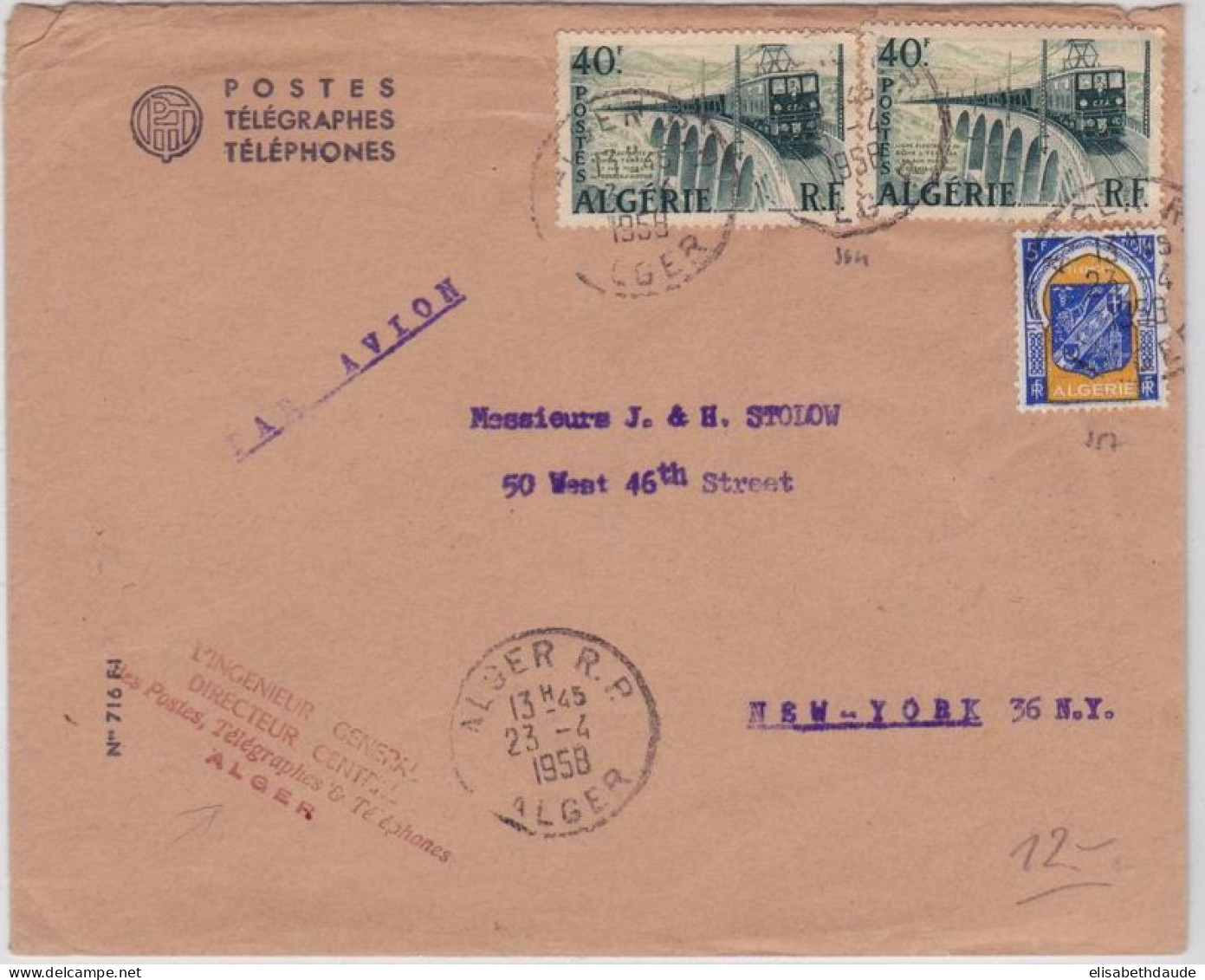 ALGERIE - 1958 - ENVELOPPE COMMERCIALE Des PTT De ALGER (INGENIEUR GENERAL) Par AVION Pour NEW-YORK (USA) - Brieven En Documenten