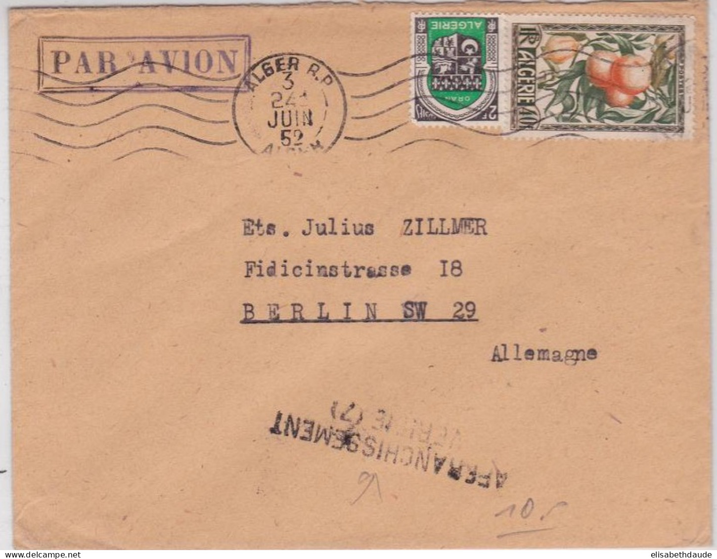 ALGERIE - 1952 - ENVELOPPE De ALGER Par AVION Pour BERLIN - "AFFRANCHISSEMENT VERIFIE" - Cartas & Documentos