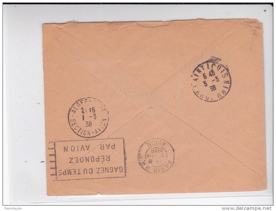 ALGERIE - 1938 -  ENVELOPPE De ALGER Par AVION Pour SAINT-LOUIS (HAUT-RHIN) - Lettres & Documents