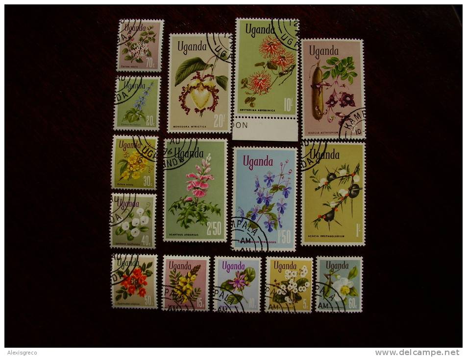 UGANDA Definitives FLOWERS FULL VALUE SET 15 Values 5c - 20/- USED With Full Gum - Uganda (1962-...)