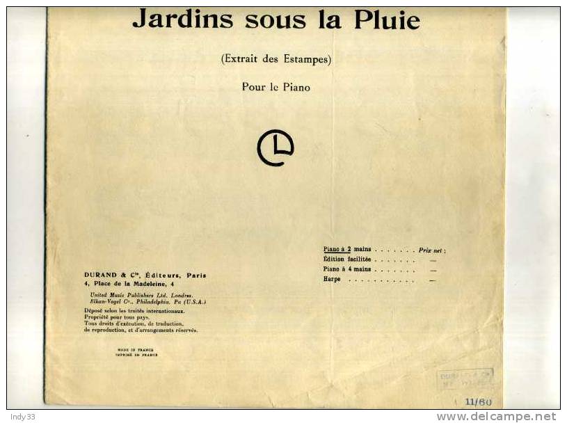 - CLAUDE DEBUSSY . JARDINS SOUS LA PLUIE . DURAND 1959 - D-F
