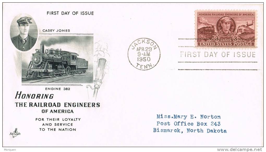 1103. F.D.C. JACKSON (Tennese) 1950.  USA Casey Jones. Ferrocarril - 1941-1950