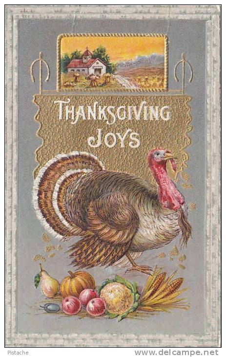 Vintage - Thanksgiving - Turkey - Gold Embossed - Unused - 2 Scans - Thanksgiving