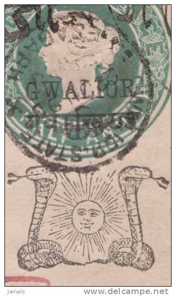 Br India Queen Victoria, Postal Stationery Envelope, Princely State Gwalior Overprint, Snake, Sun, Astronomy, INDIA - Gwalior