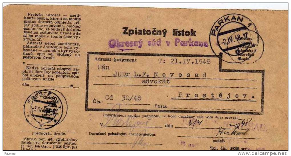 Resguardo, Oficial, , PARKAN 1948, Checoslovaquia, - Briefe U. Dokumente