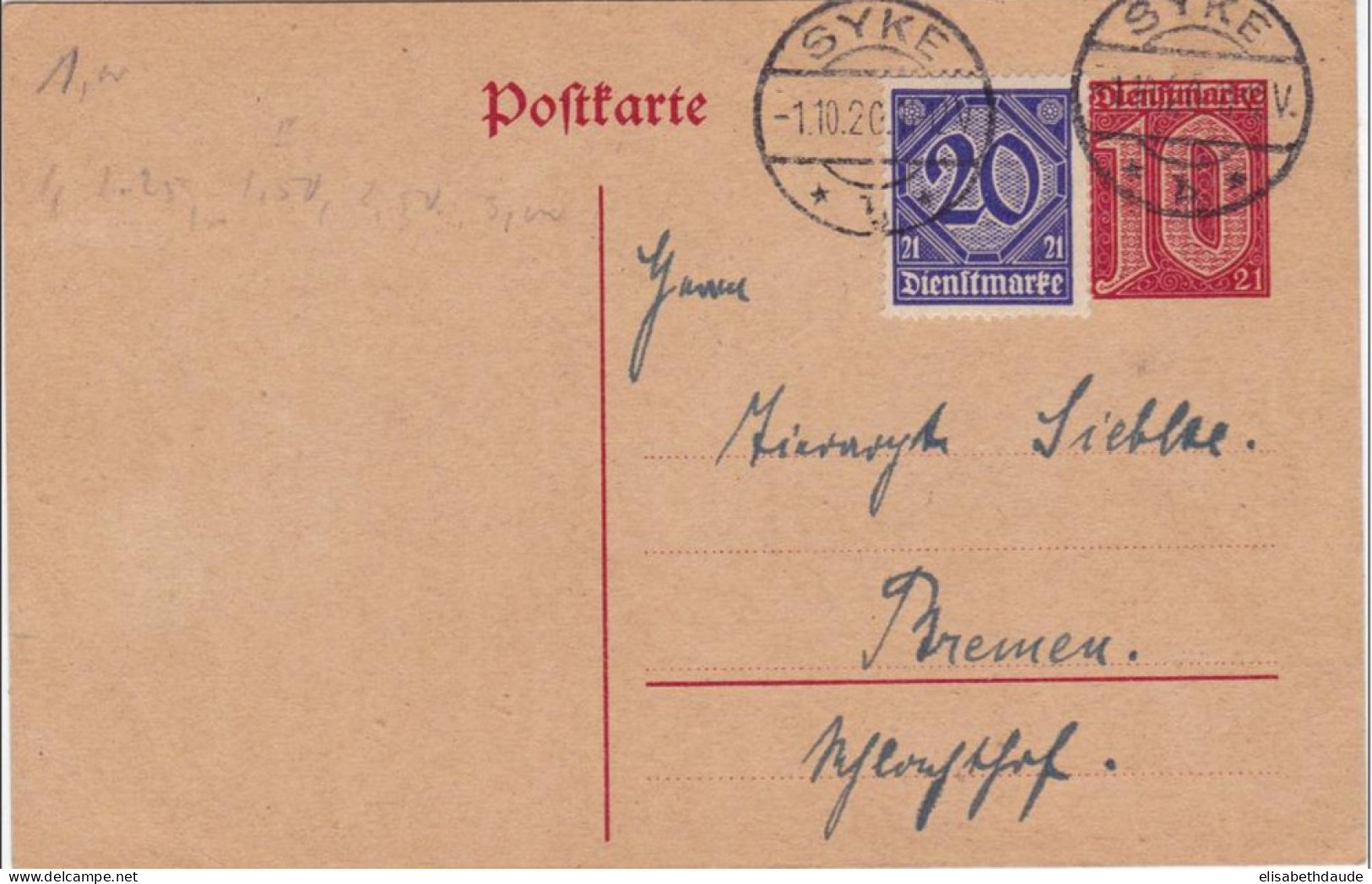 REICH - 1920 -  CARTE POSTALE ENTIER De SERVICE De SYKE Pour BREMEN - Officials