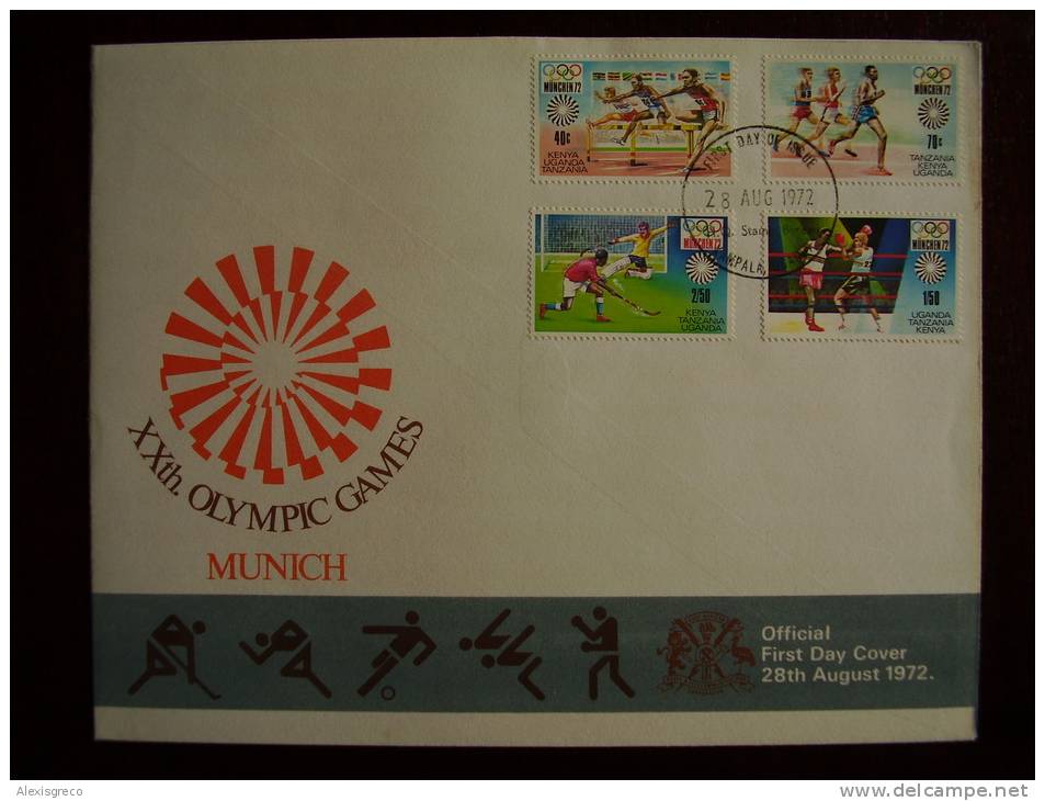 KUT 1972 MUNICH OLYMPICS Issue FULL SET FOUR STAMPS To 2/50 On FDC. - Kenya, Uganda & Tanzania