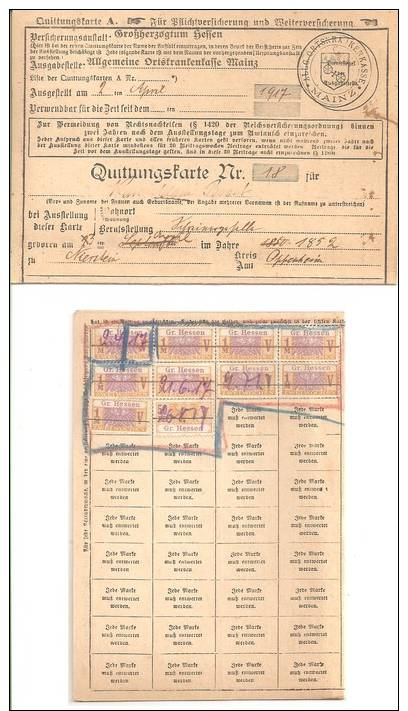 Quittungskarte Mit Marken  Der AOK Mainz Von 1917 - Historische Dokumente