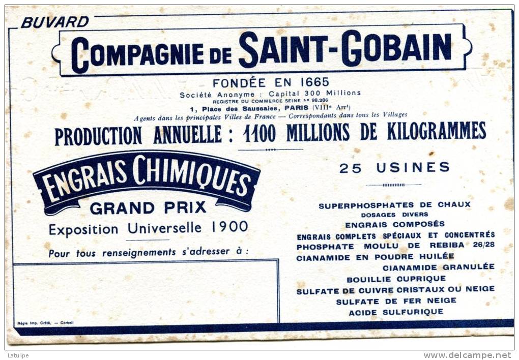 Buvard  Des Engrais Chimiques De La Compagnie De Saint-Gobain  Voir Scan - Agricultura