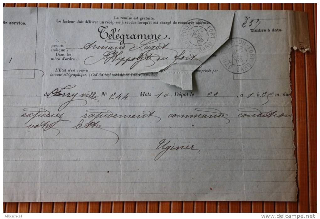 ANCIEN TELEGRAMME DE SAINT HYPPOLITE DU FORT EN 22-12- 1903 PROVENANCE DE FERRYVILLE ALGERIE FRANCAISE  LIRE TEXTE ... - Telegraaf-en Telefoonzegels