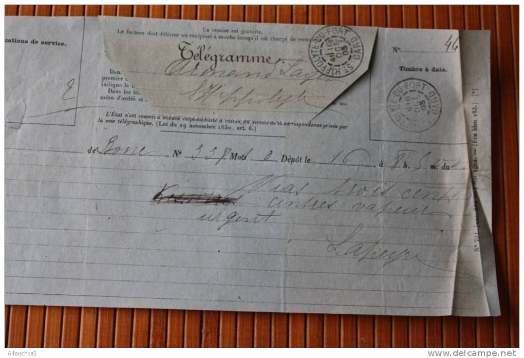 ANCIEN TELEGRAMME DE SAINT HYPPOLITE DU FORT LE 16 OCT  1903 PROVENANCE DE BONE ALGERIE FRANCAISE  LIRE TEXTE ... - Telegraph And Telephone