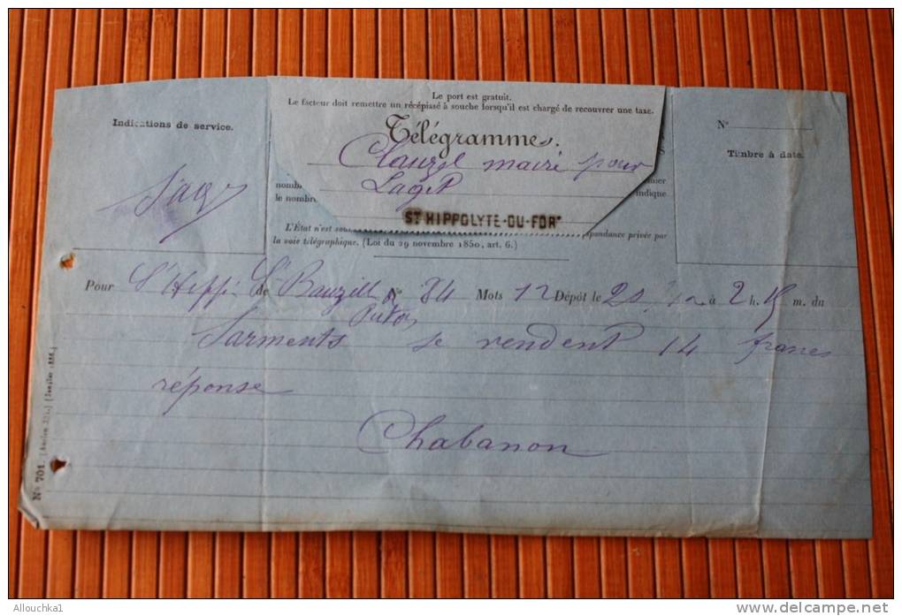 ANCIEN TELEGRAMME DE SAINT HYPPOLITE DU FORT 30 EN1904 PROVENANCE DE S'KIPPE S' BAUZILL ALGERIE FRANCAISE  LIRE TEXTE .. - Telegraph And Telephone