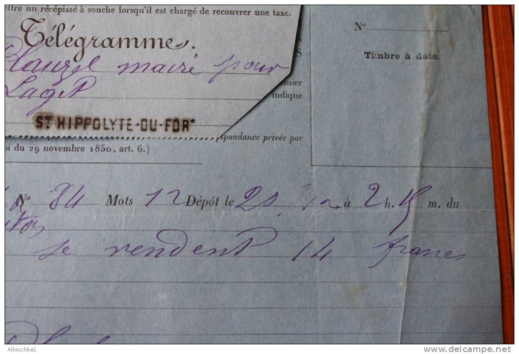 ANCIEN TELEGRAMME DE SAINT HYPPOLITE DU FORT 30 EN1904 PROVENANCE DE S'KIPPE S' BAUZILL ALGERIE FRANCAISE  LIRE TEXTE .. - Telegraaf-en Telefoonzegels