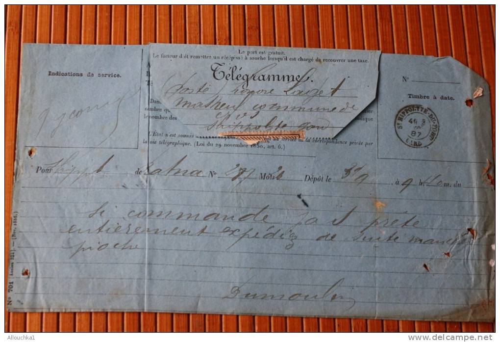 ANCIEN TELEGRAMME DE SAINT HYPPOLITE DU FORT 30 EN 1887 PROVENANCE DE BATNA ALGERIE FRANCAISE  LIRE TEXTE .. - Télégraphes Et Téléphones