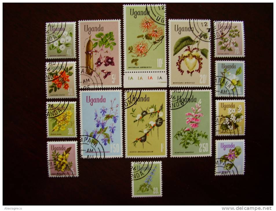 UGANDA Definitives FLOWERS FULL VALUE SET 15 Values 5c - 20/- USED With Full Gum - Uganda (1962-...)