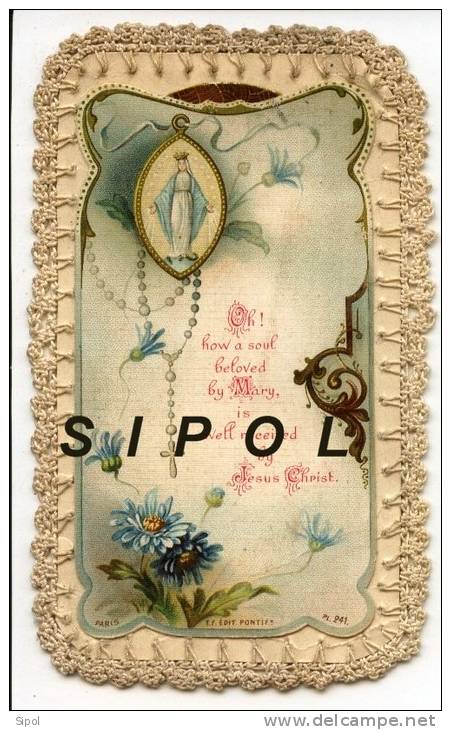 Image Pieuse De La Vierge + Fleurs Bleues , Bordée De Feston Au  Crochet Travail Anglais  Début 1900  7.5 X 12.5 Cm Env - Sonstige & Ohne Zuordnung
