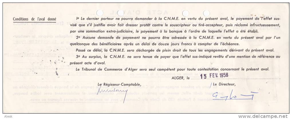 IMPOT Du TIMBRE Algérie 150fr Violet + 80fr Bleu - Traite Alger 15 Février 1958 - Caisse Nationale Des Marchés - Other & Unclassified