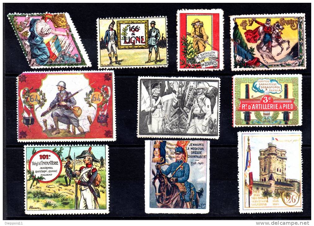 10 Vignettes DELANDRE Diverses Régiments Français 1914 - 1918 WWI WW1 Cinderella Poster Stamps Seals France - Vignettes Militaires