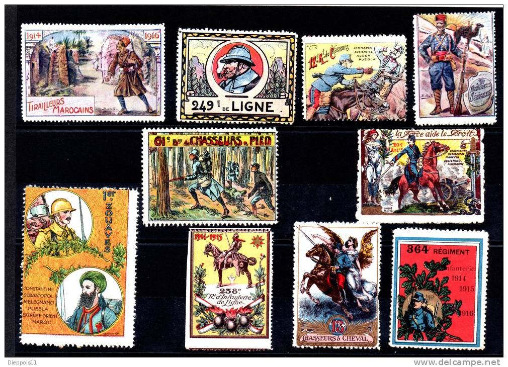 10 Vignettes DELANDRE Diverses Régiments Français 1914 - 1918 WWI WW1 Cinderella Poster Stamps Seals France - Vignettes Militaires