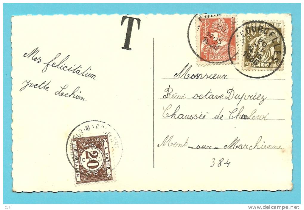 336+337 Op Kaart Met Stempel COURCELLES, Getaxeerd (taxe) Met TX 34 Met Stempel MONT-SUR-MARCHIENNE - 1932 Ceres And Mercurius