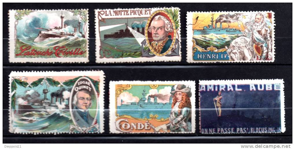 6 Vignettes DELANDRE Divers Navires De Guerre Français 1914 - 1918 WWI WW1 Cinderella Poster Stamps Seals France - Vignettes Militaires