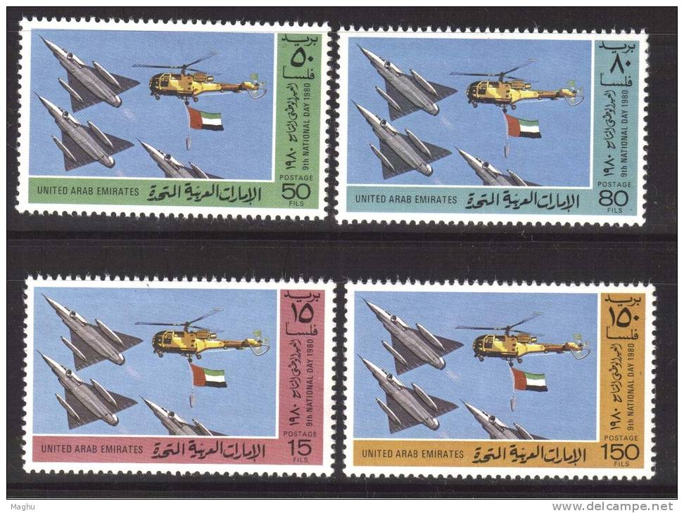 UAE United Arab Emirates, 1980 MNH, 9th National Day., Mirage, Airplane, Helicopter, Flag., - Emiratos Árabes Unidos