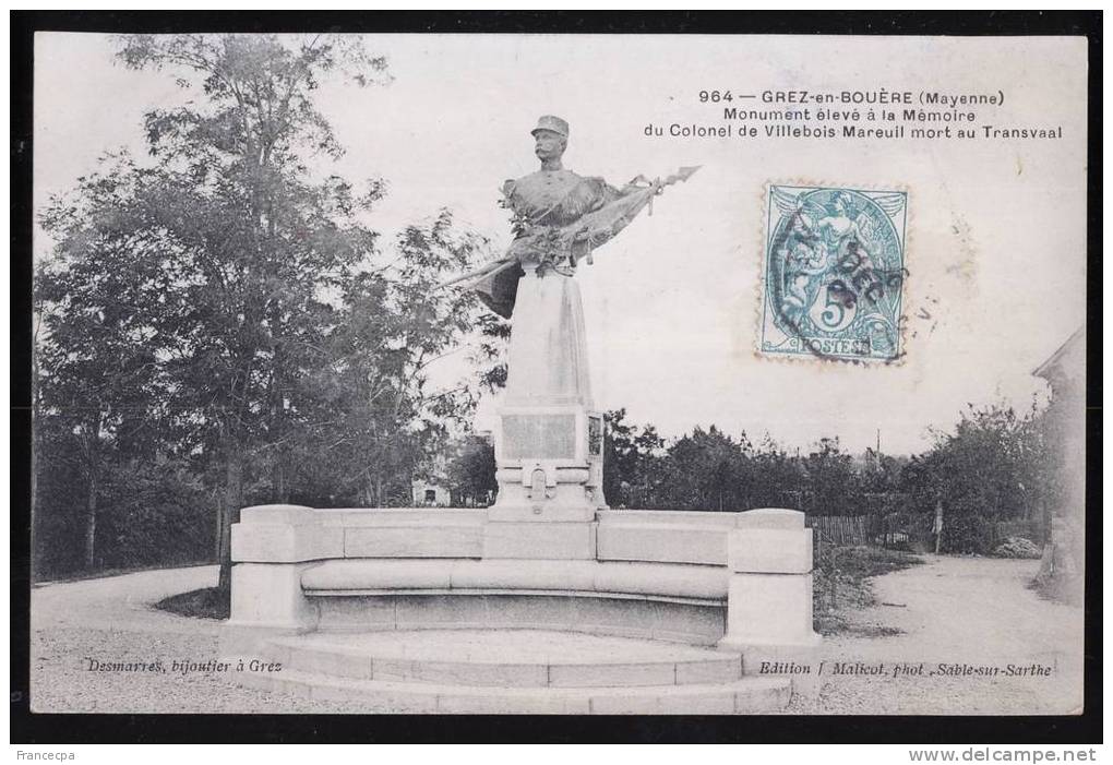 53-030 - MAYENNE - GREZ-EN BOUERE - Monument élevé à La Mémoire Du Colonel De Villebois Mareuil Mort Au Transvaal - Crez En Bouere