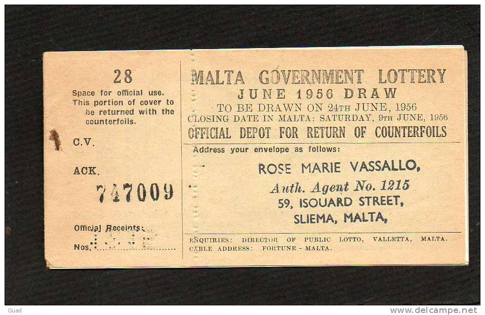 MALTA  - SLIEMA - GOVERNEMENT LOTTERY LOTERIE  1956 - 6 BILLETS - Billetes De Lotería