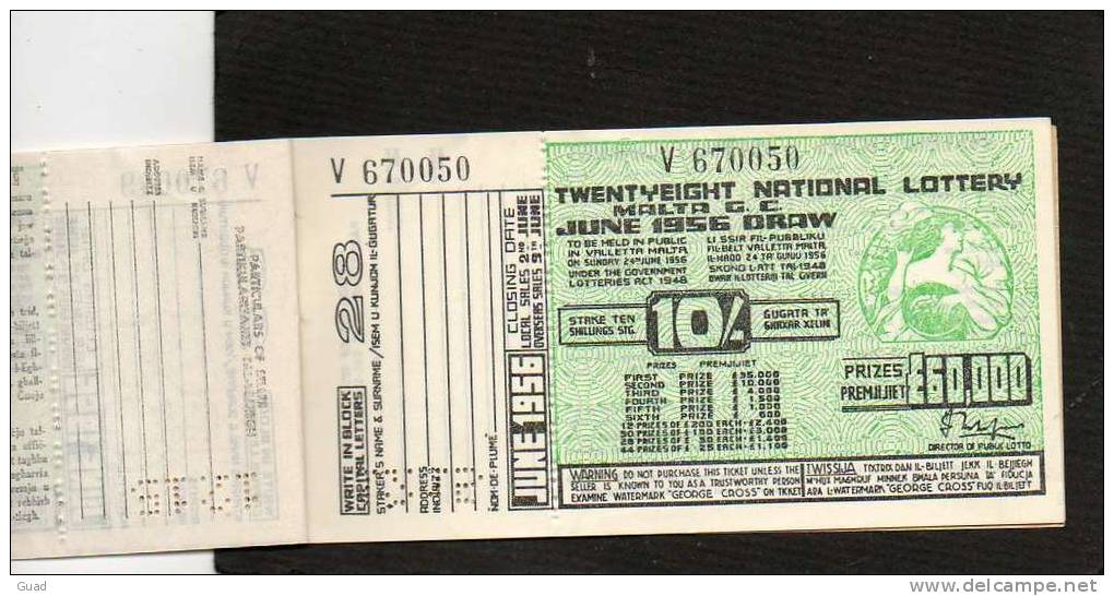 MALTA  - SLIEMA - GOVERNEMENT LOTTERY LOTERIE  1956 - 6 BILLETS - Lottery Tickets