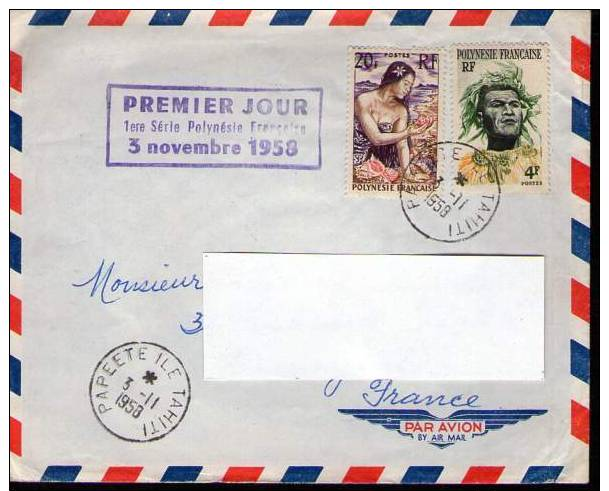 Enveloppe Premier Jour 1ere Série Polynésie Française, Cachet PAPEETE ILE TAHAITI Du 3-11-1958 Sur Timbres N° 5 Et 11 - Autres & Non Classés