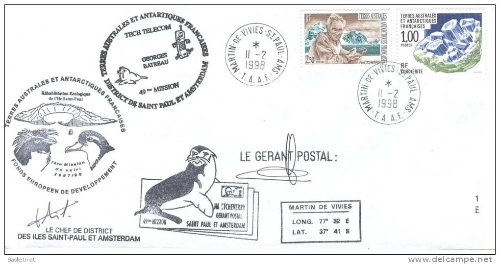 TAAF ENV MARTIN DE VIVIES DU 11/2/1998 3 CACHETS GERANT POSTAL  MISSION DE SUIVI ET TEC TELECOM GEORGES BATREAU - Unused Stamps